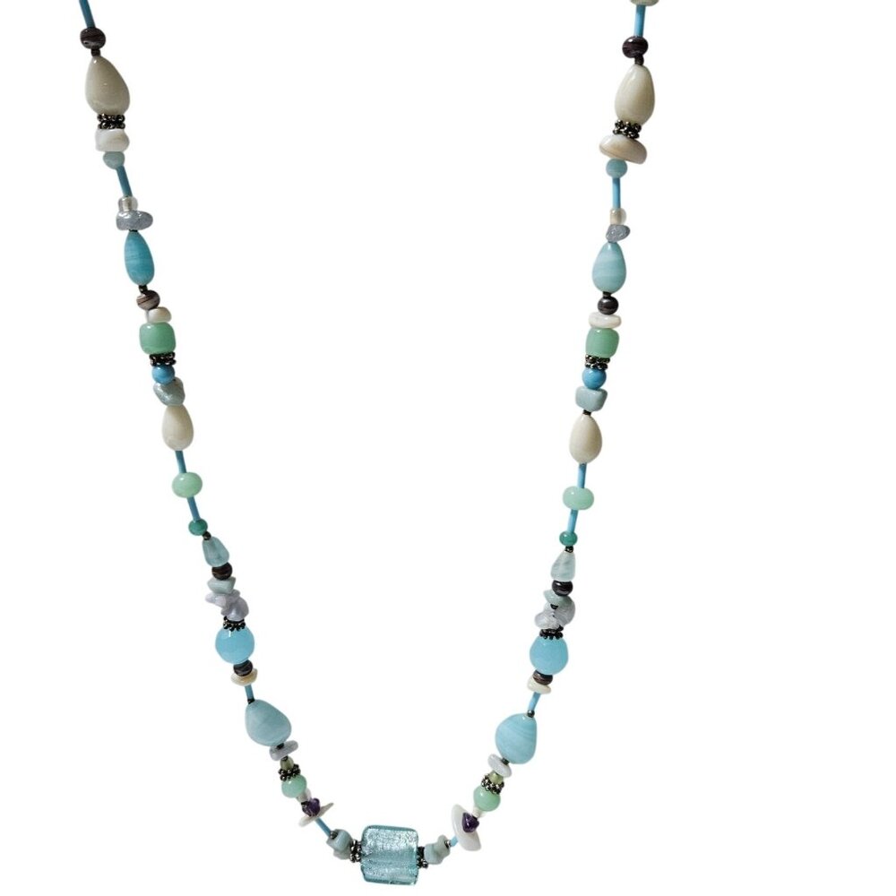 Elegant Handcrafted Blue White Beaded Necklace Silver Tone Accents Jewelry Women